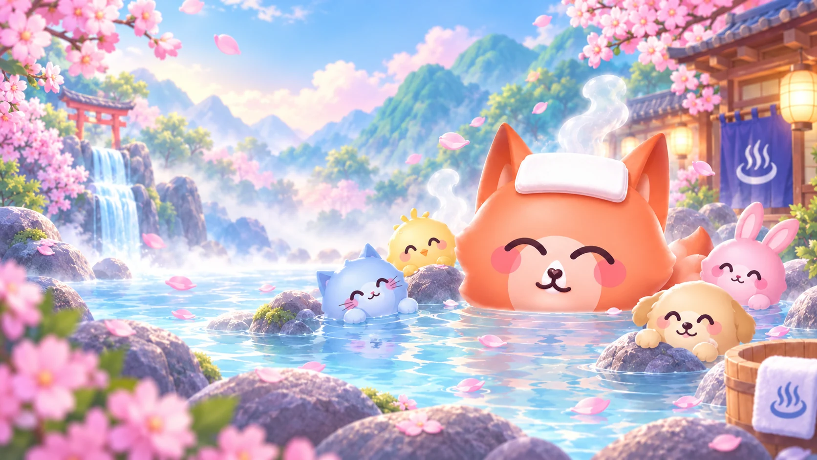 Pukpui friends relaxing in a cherry-blossom hot spring