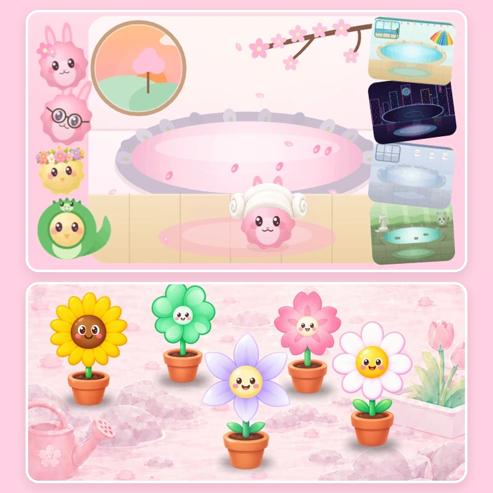 A Pukpui pet with accessories and room themes, and a garden of colorful flowers